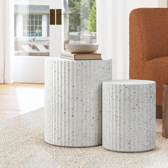 LuxenHome Modern Nesting Coffee Tables Set of 2, White with Gray Flecks Wood Fluted Round Side Tables for Small Spaces Living Room Bedroom Blcony Office, 2 Pieces Circle Drum End Table Beside Sofa