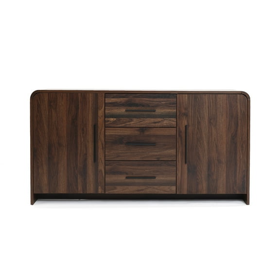 LuxenHome Modern Walnut Finish Sideboard, Engineered Wood Storage Cabinet with Rounded Corners