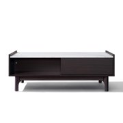 LuxenHome Modi Wenge Coffee Table with 1 Door, Open Storage & Raised Sides, Faux Marble Top, Manufactured Wood