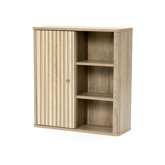 LuxenHome Natural Finish Wave-Patterned Manufactured Wood 1-Door Bathroom Wall Cabinet