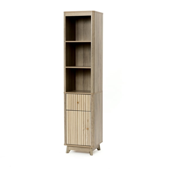 LuxenHome Natural Finish Wave-Patterned Manufactured Wood 1-Drawer 1-Door Bathroom Tower Cabinet
