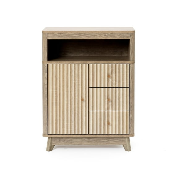 LuxenHome Natural Finish Wave-Patterned Manufactured Wood 3-Drawer 1-Door Bathroom Storage Cabinet