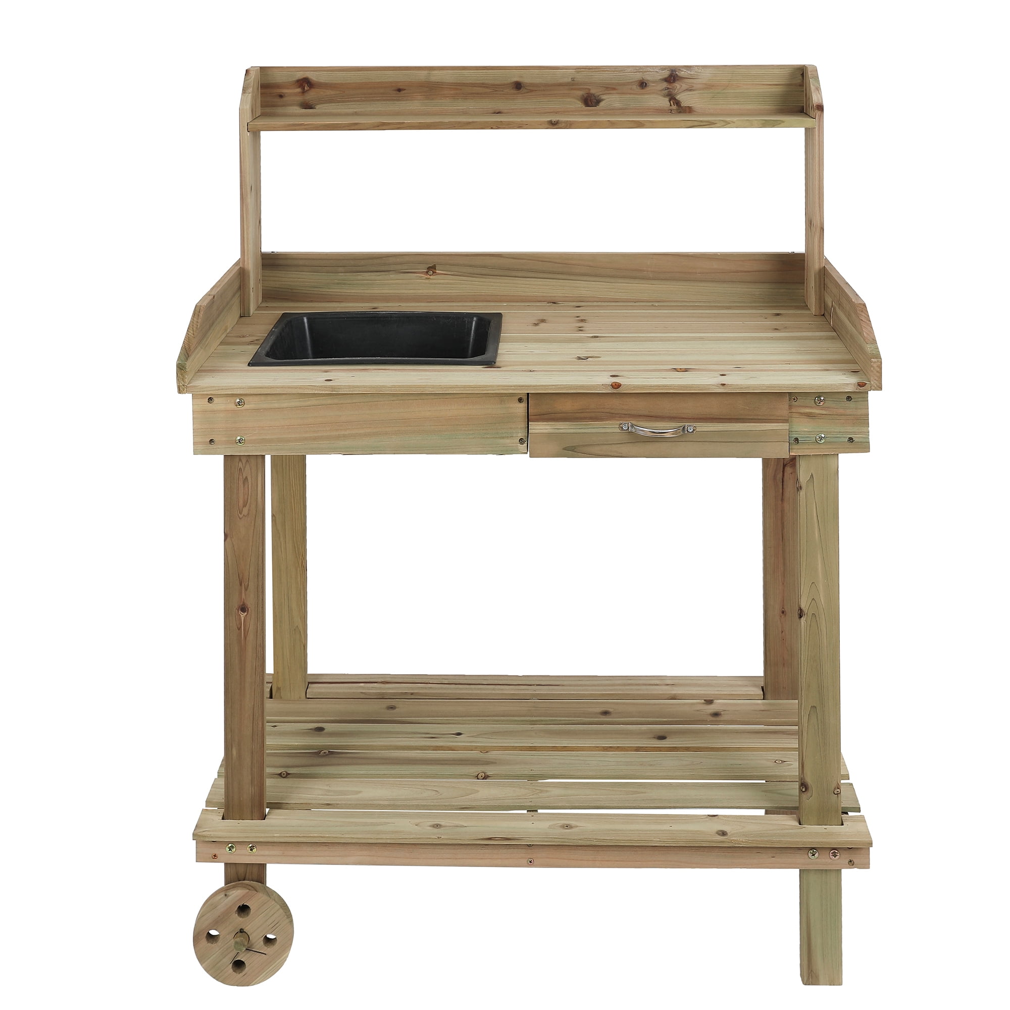 Natural Fir Wood Mobile Potting Bench with Drawer and Shelves