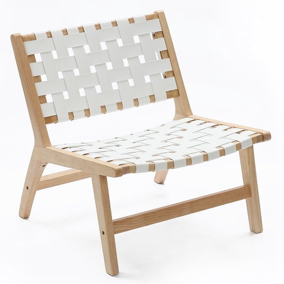 LuxenHome Natural Wood with White Leather Outdoor Patio Chair