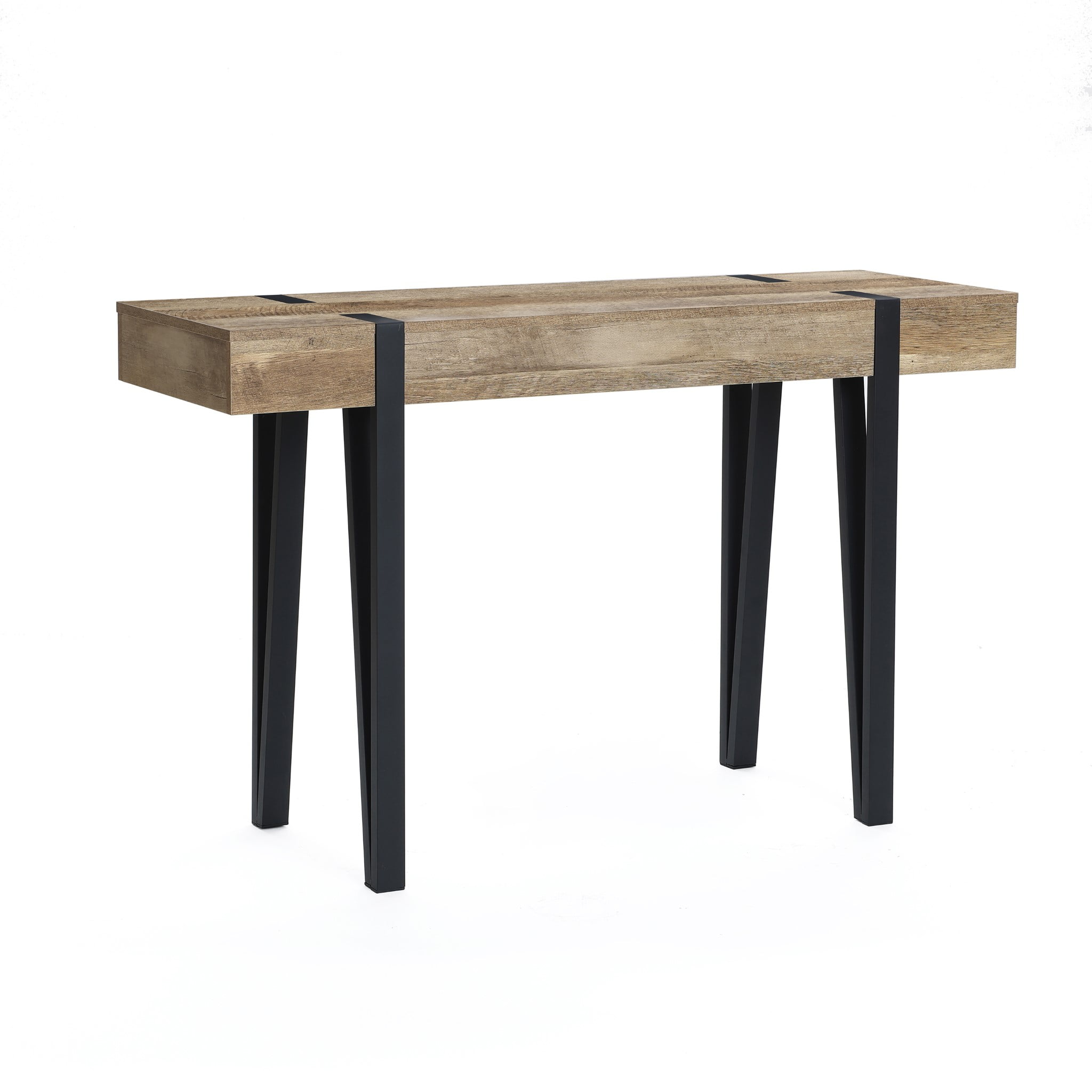 LuxenHome Oak Finish MDF Wood Black Metal Console Entry Table