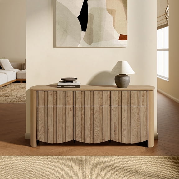 LuxenHome Oak Finish Manufactured Wood 3-Drawer 3-Door 63-Inch Wide Buffet Sideboard Cabinet