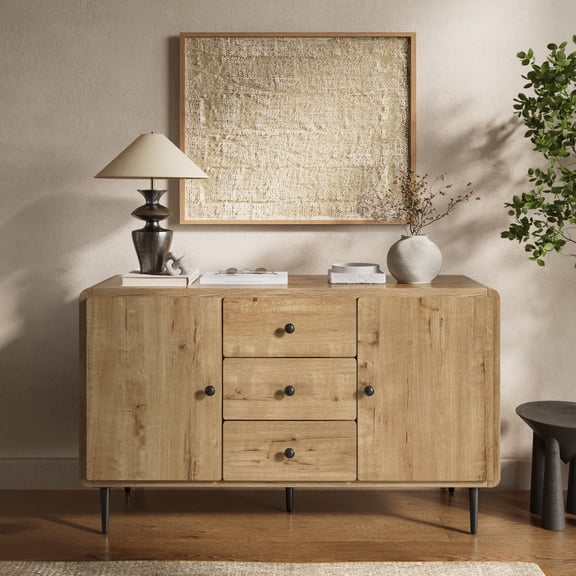 LuxenHome Oak Manufactured Wood 48.8-Inch Wide 2-Door 3-Drawer Buffet Cabinet