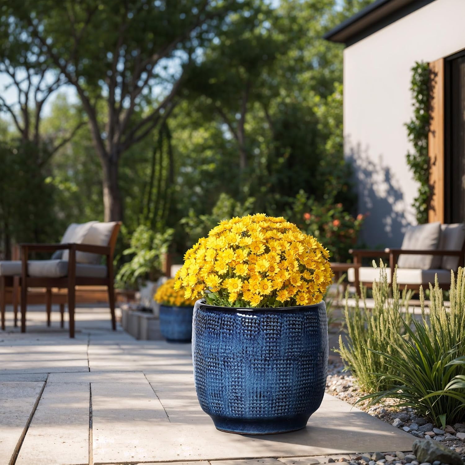 LuxenHome Ocean Blue 12-Inch Dia Round Ceramic Planter Pot with ...