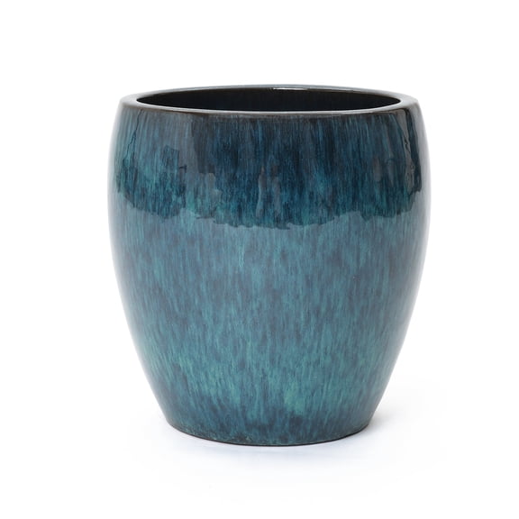 LuxenHome 12" Dia Blue Glazed Round Ceramic Planter Pot, Small Pots for Plants with Drainage Hole