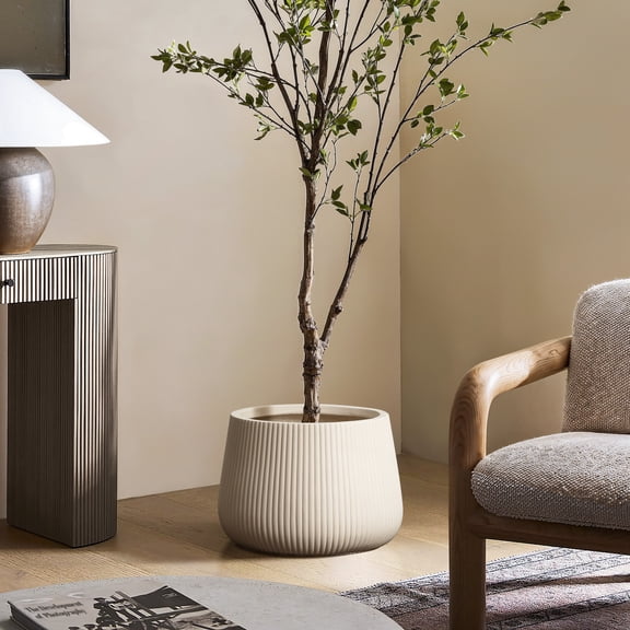 LuxenHome 12.5 Dia Off-White Ribbed Round Planter Pot
