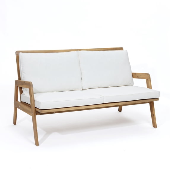 LuxenHome Outdoor Acacia Wood Coffee Table and Loveseat with Cushions