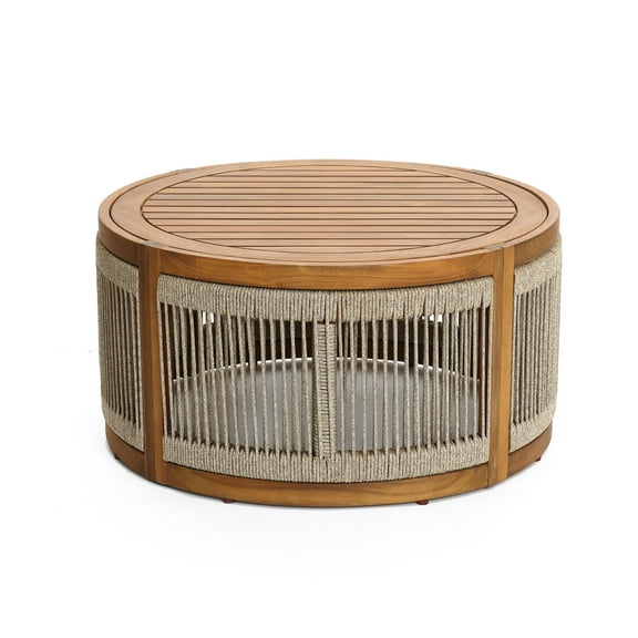 LuxenHome Outdoor Acacia Wood Rope Sides Round Drum Coffee Table