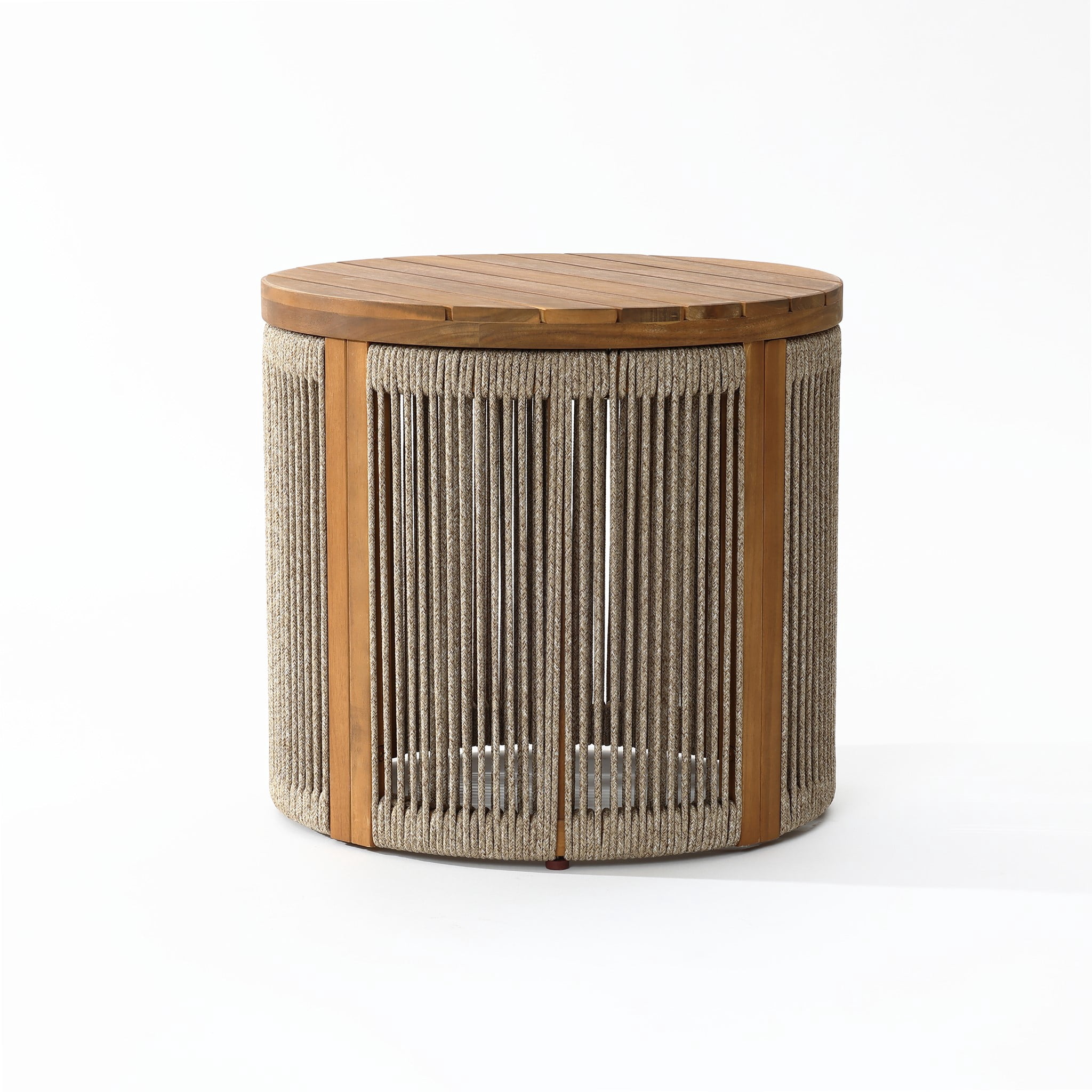 LuxenHome Outdoor Acacia Wood Rope Sides Round Drum Side and End Tables