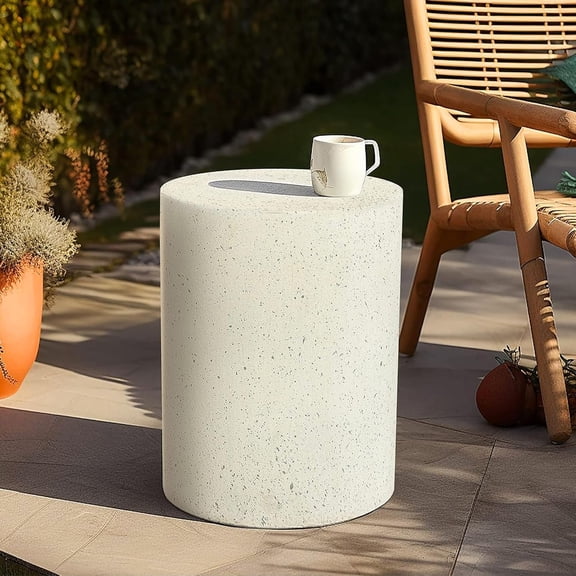 LuxenHome Outdoor Side Table, 18 Inch Cement Outdoor End Tables for Patio, Garden Accent Table, Modern Small Round Side Tables for Outside, Tree Stump Garden Stool Drum Indoor and Outdoor