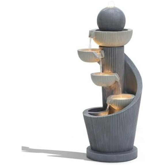 LuxenHome Outdoor Water Fountain, 29 Inch Resin Cascading Water Fountains Indoor with LED Lights, Modern Garden Decor, Small Waterfall Fountain, Outdoor Fountains and Waterfalls
