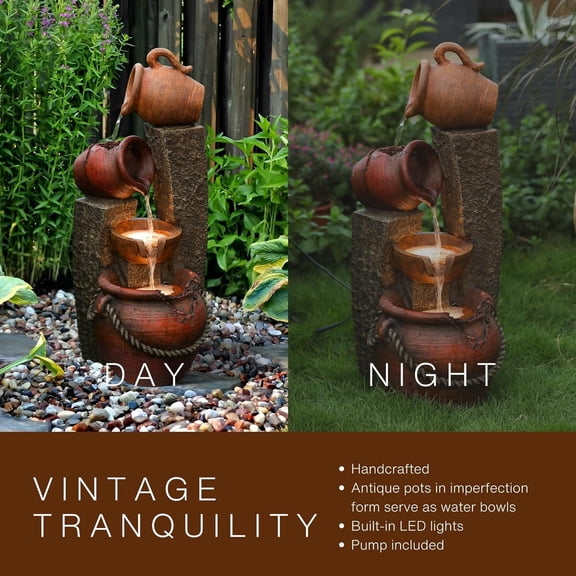 LuxenHome Outdoor Water Fountain, 32 Inch Farmhouse Water Fountain Outdoor with Lights, Cascading Pitchers Po Indoor and Outdoor Fountains and Waterfalls, Garden Water Feature Decor$$Garden & Patio
