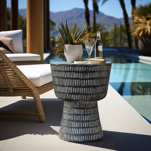 LuxenHome Outdoor Accent Side Table, 15'' Black Round Spiral Pattern End Table, Indoor Outdoor Coffee Furniture for Patio, Living Room, Backyard,Garden Stool and Plant Stand