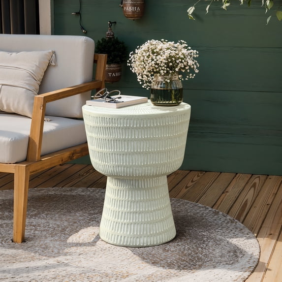 LuxenHome Outdoor Side Table, 15'' Off White Round Spiral Pattern Accent End Table, Indoor Outdoor Coffee Tables for Patio, Living Room, Backyard,Garden Stool and Plant Stand