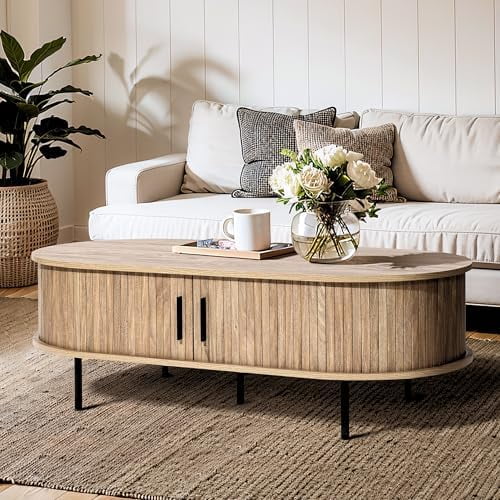 LuxenHome Oval Coffee Table with Storage, 47" Mid Century Modern Fluted Coffee Tables for Living Room, Wooden Sliding Door Boho Storage Center Table for Home, Office$$Furniture
