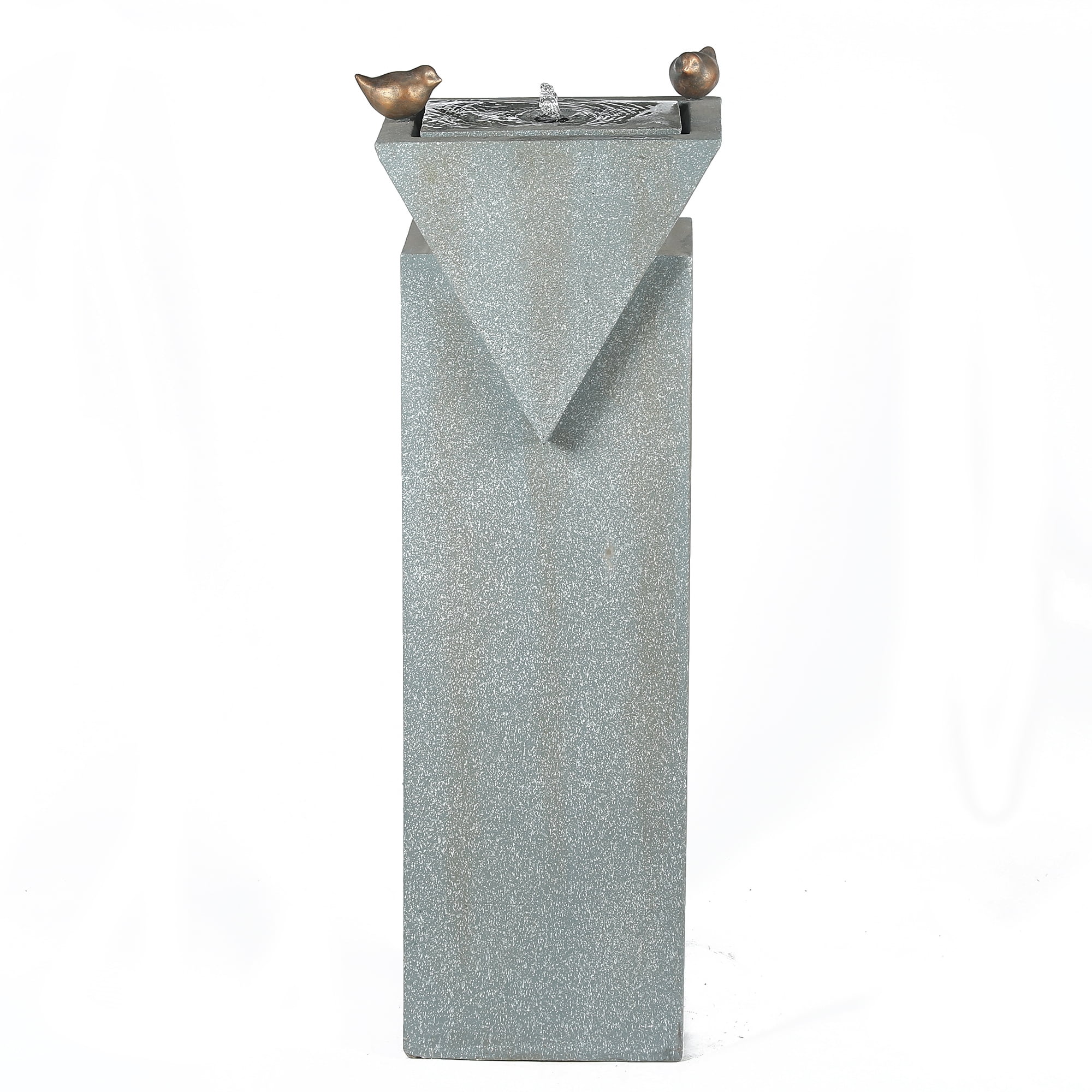 Patina Gray Resin Pillar Fountain with Bronze Birds and LED Lights