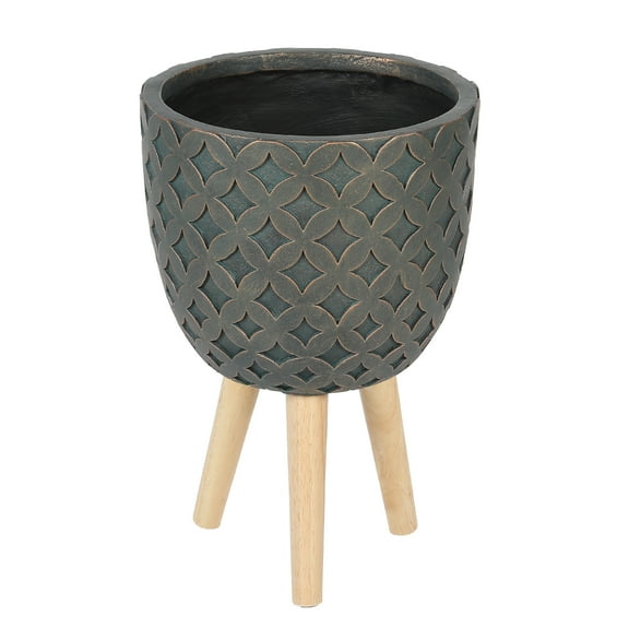 LuxenHome Plant Pot with Rubber Wood Legs, 18.5" H Geometric Pattern Indoor Decorative MgO Pot Planter