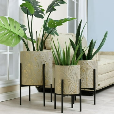 LuxenHome Planters for Indoor , Set of 3 Floor  Pots with Stands, Modern Decorative Metal Flower Pots, Distressed Gray and Gold Cachepot Planters, 9.5", 11.87", 14" Inch