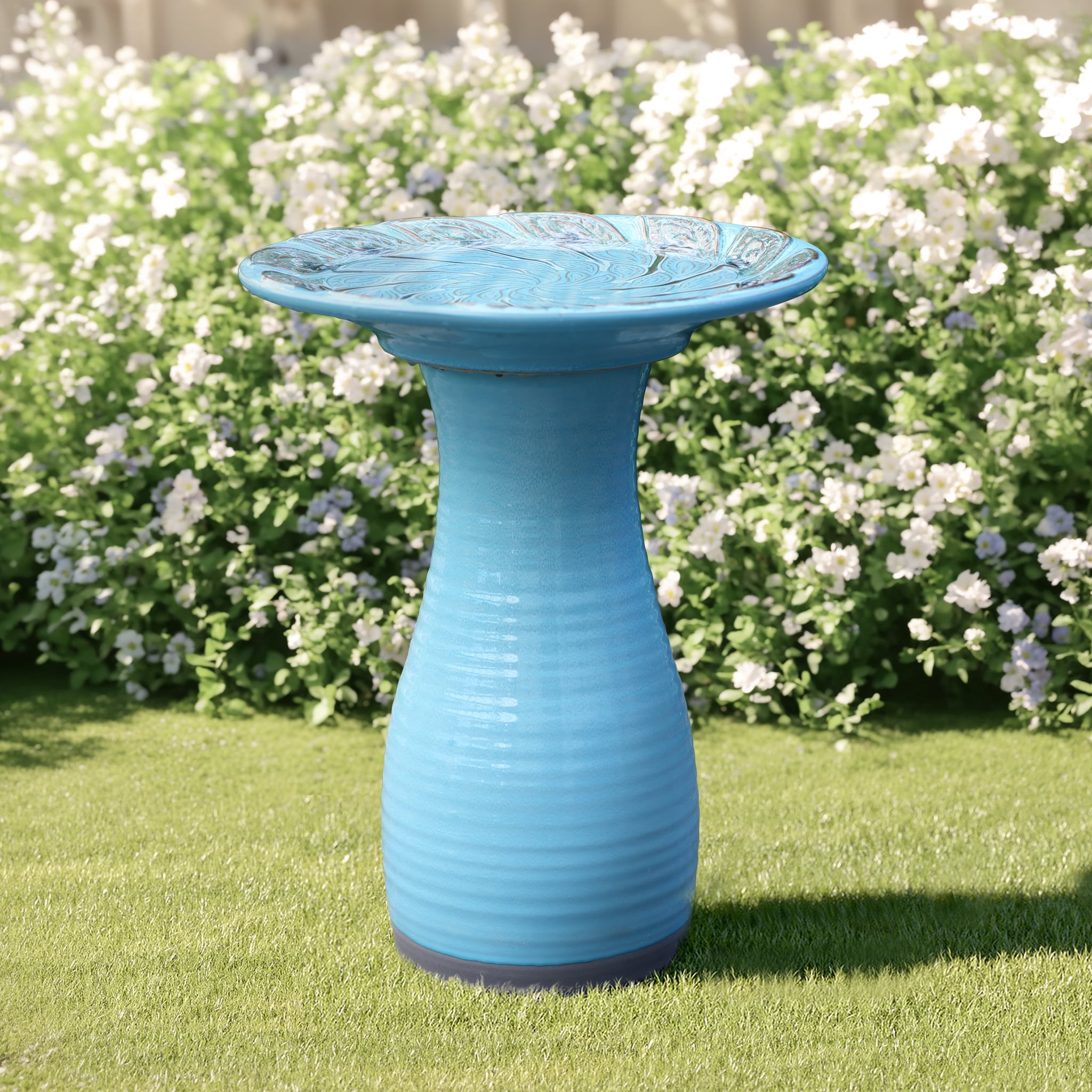 LuxenHome 20 Inch Ceramic BirdBath for Outside, Elegant Tall Outdoor Bird Bath with Leaf Pattern