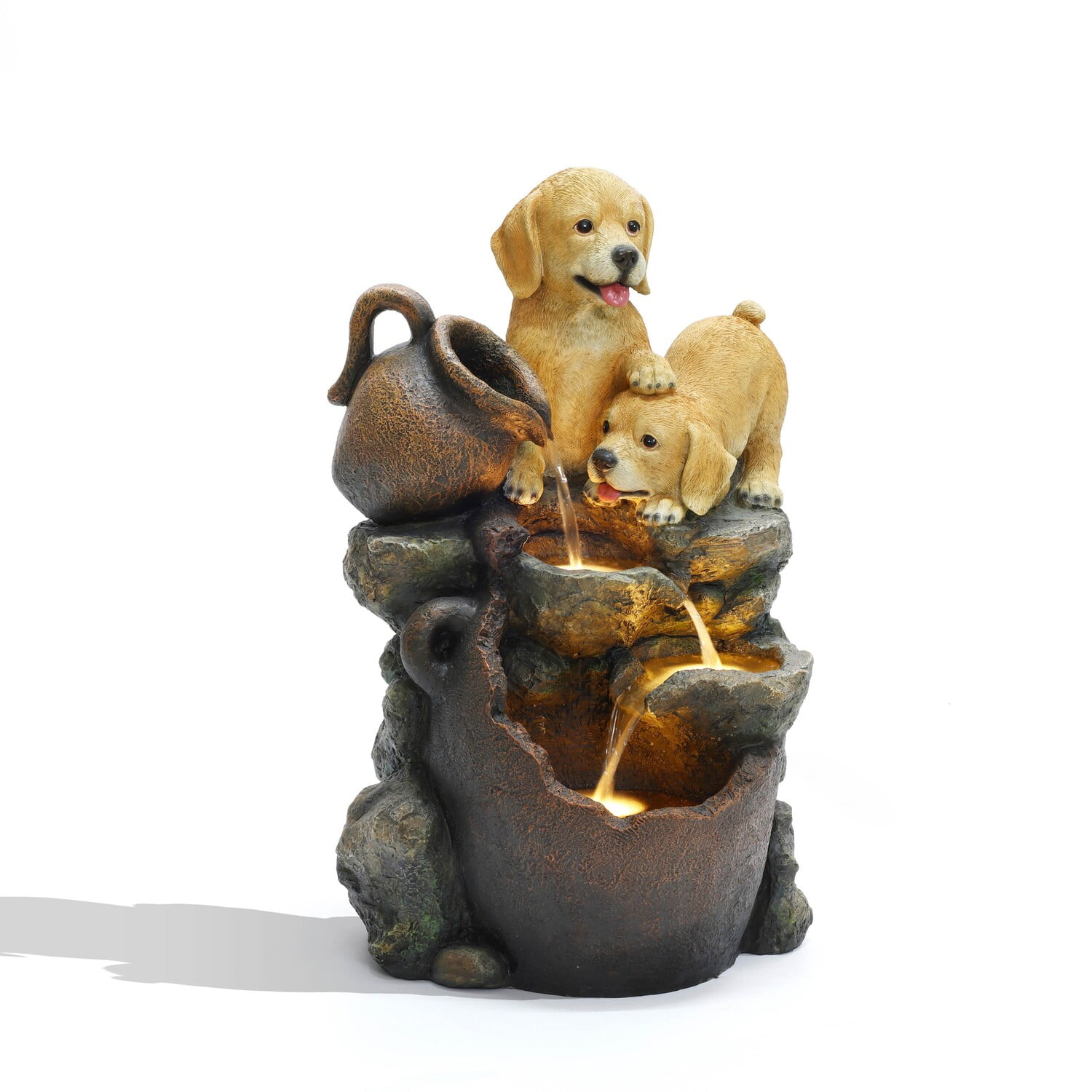 Farmhouse Resin Outdoor Fountain with Puppy Friends and Lights