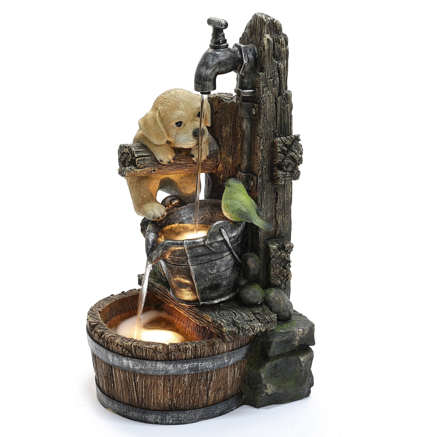 Farmhouse Brown Resin Fountain with Puppy and Bird Scene