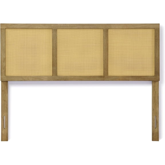 LuxenHome Queen Size Natural Rattan Panel Headboard with Durable Wood Legs, 78" Oak Finish Wood Farmhouse Boho Adjustable Height Bed Headboard from 41” to 45.8” Free-Standing Panels, Easy Assembly