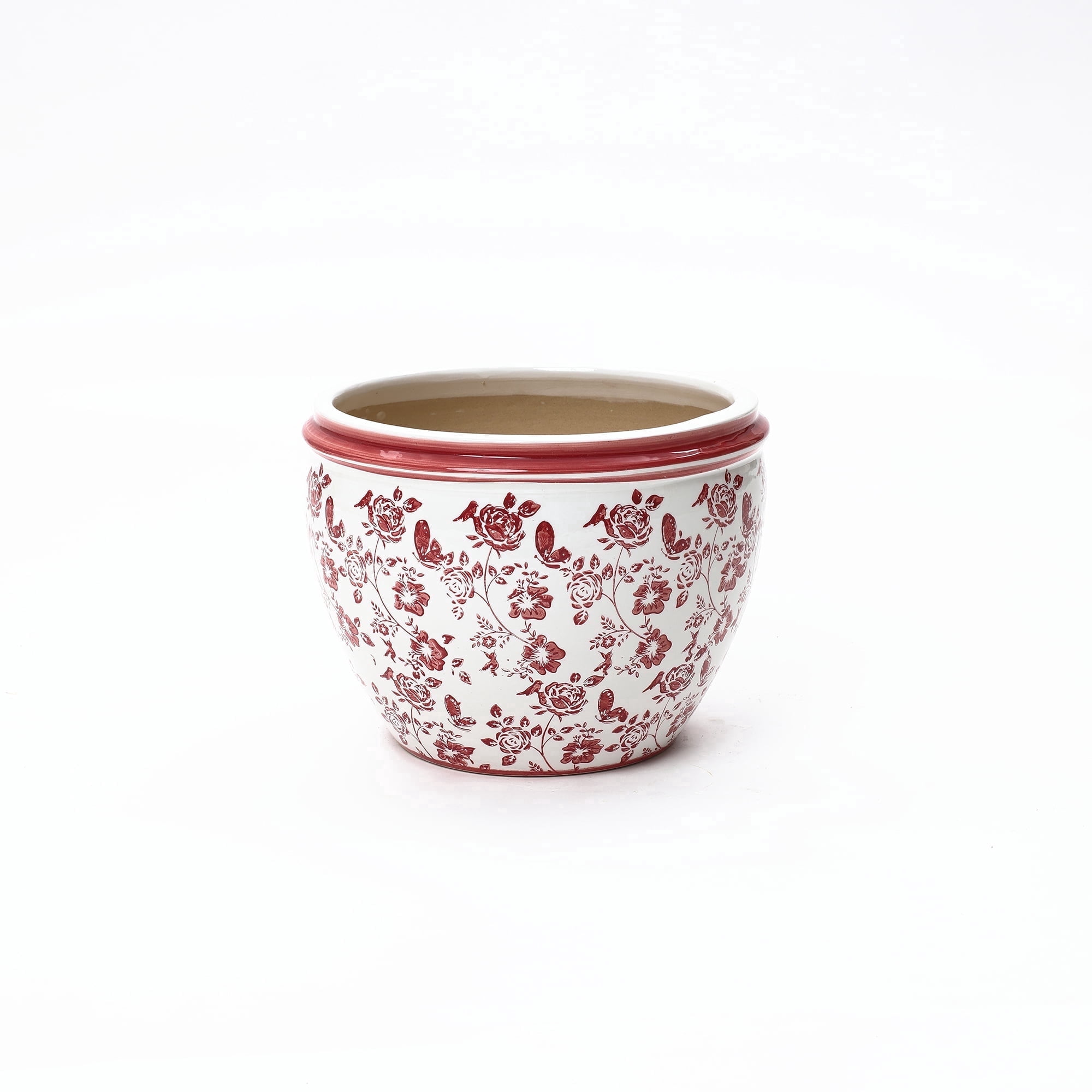 LuxenHome 11.5" Dia Red and White Round Planter Pot, Large Ceramic Flower Pot with Drainage
