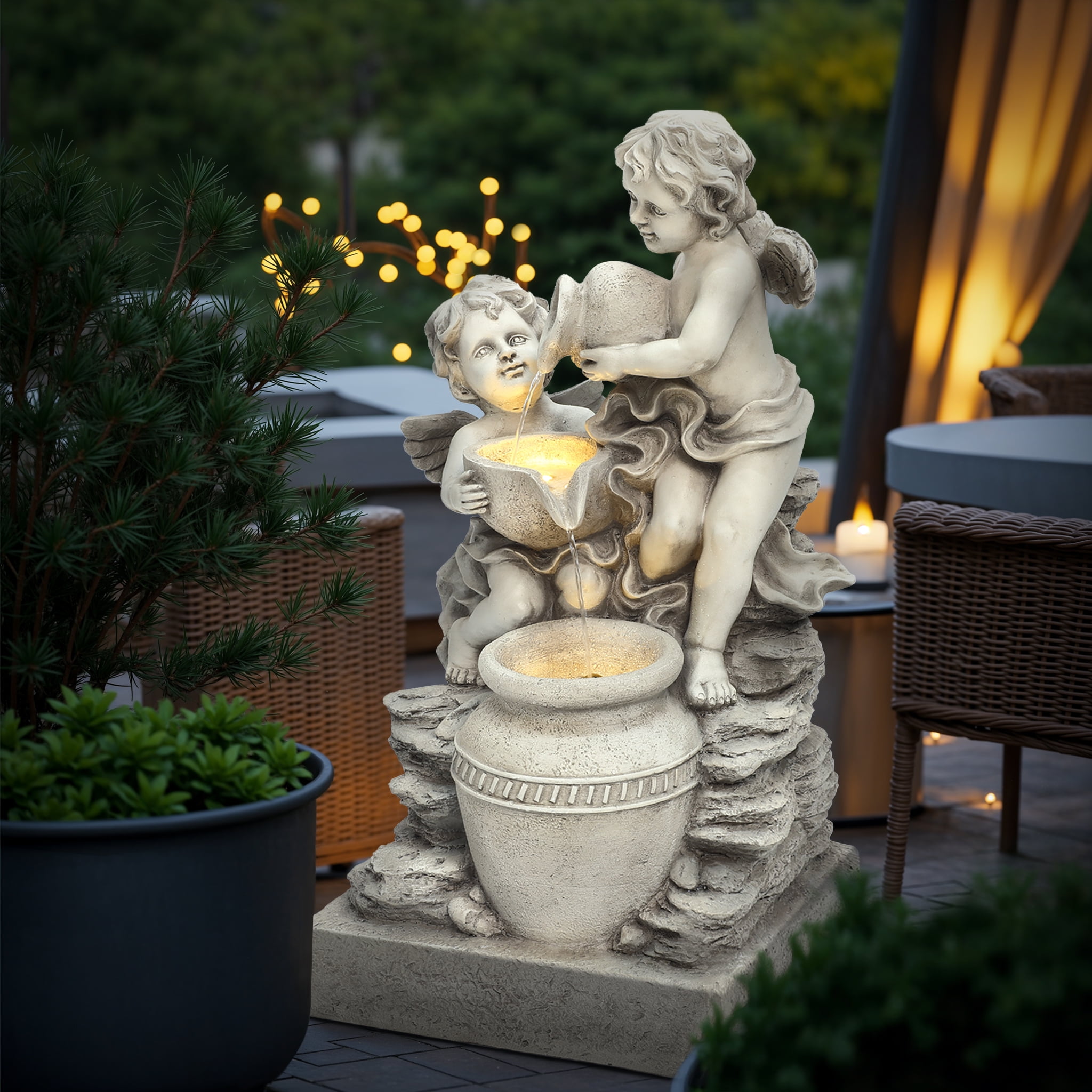 LuxenHome 30" Resin Angels Water Fountain Outdoor and Indoor, Waterfall Fountains for Garden, Backyard
