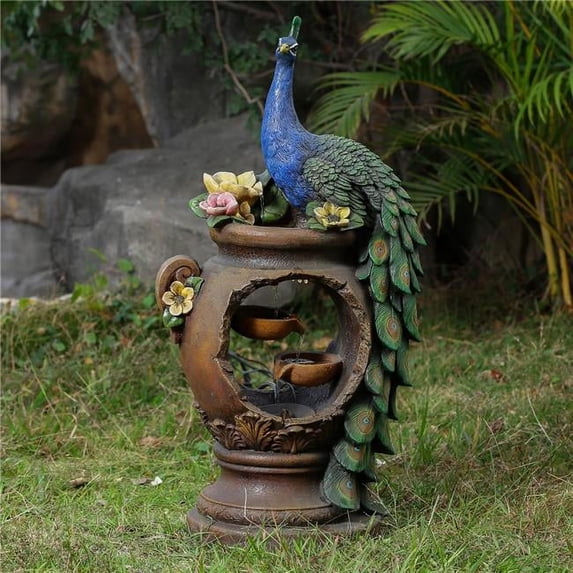 LuxenHome Resin Peacock and Urn Statue Outdoor Fountain with LED Lights