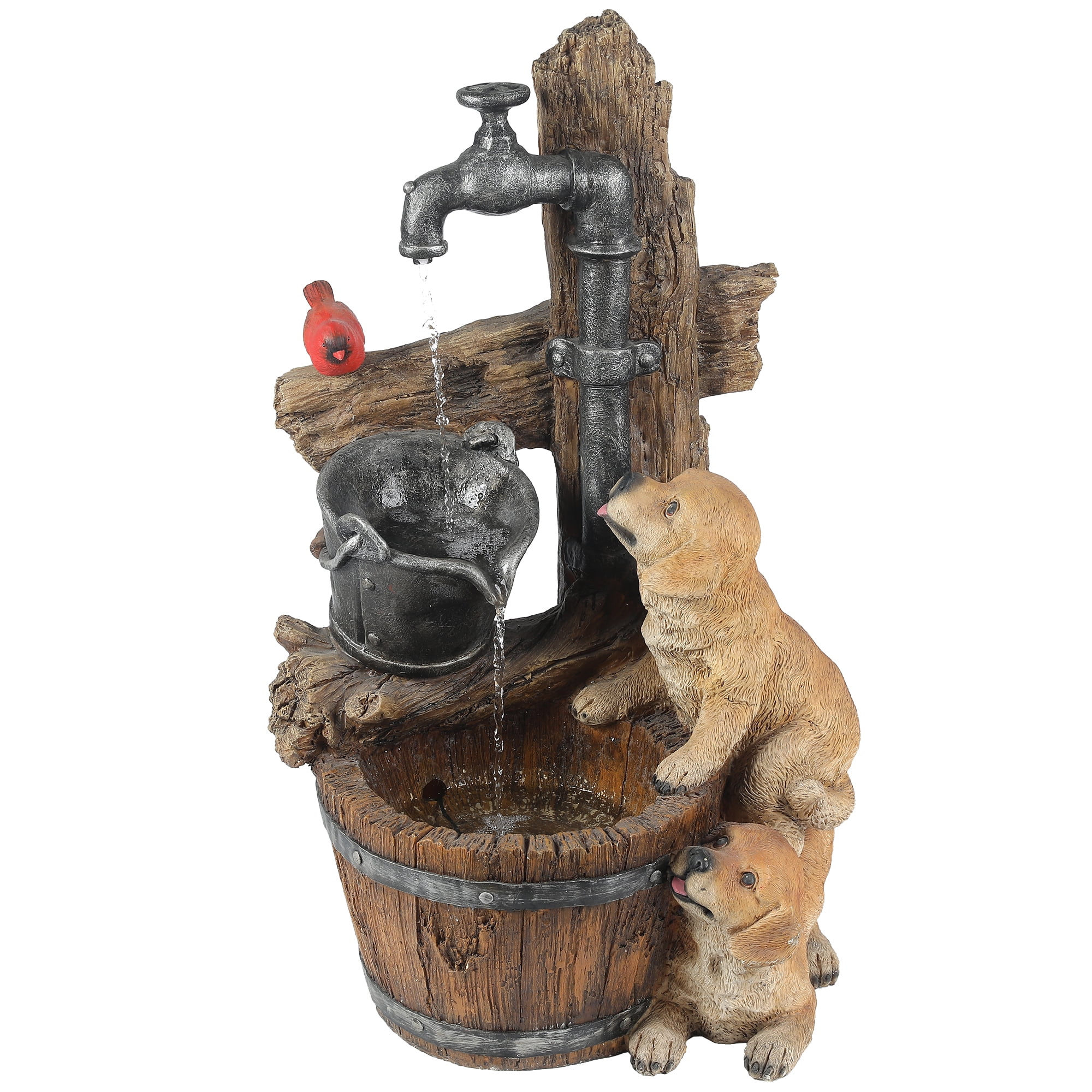 Rustic Brown Resin Puppies and Water Pump Fountain with LED Light