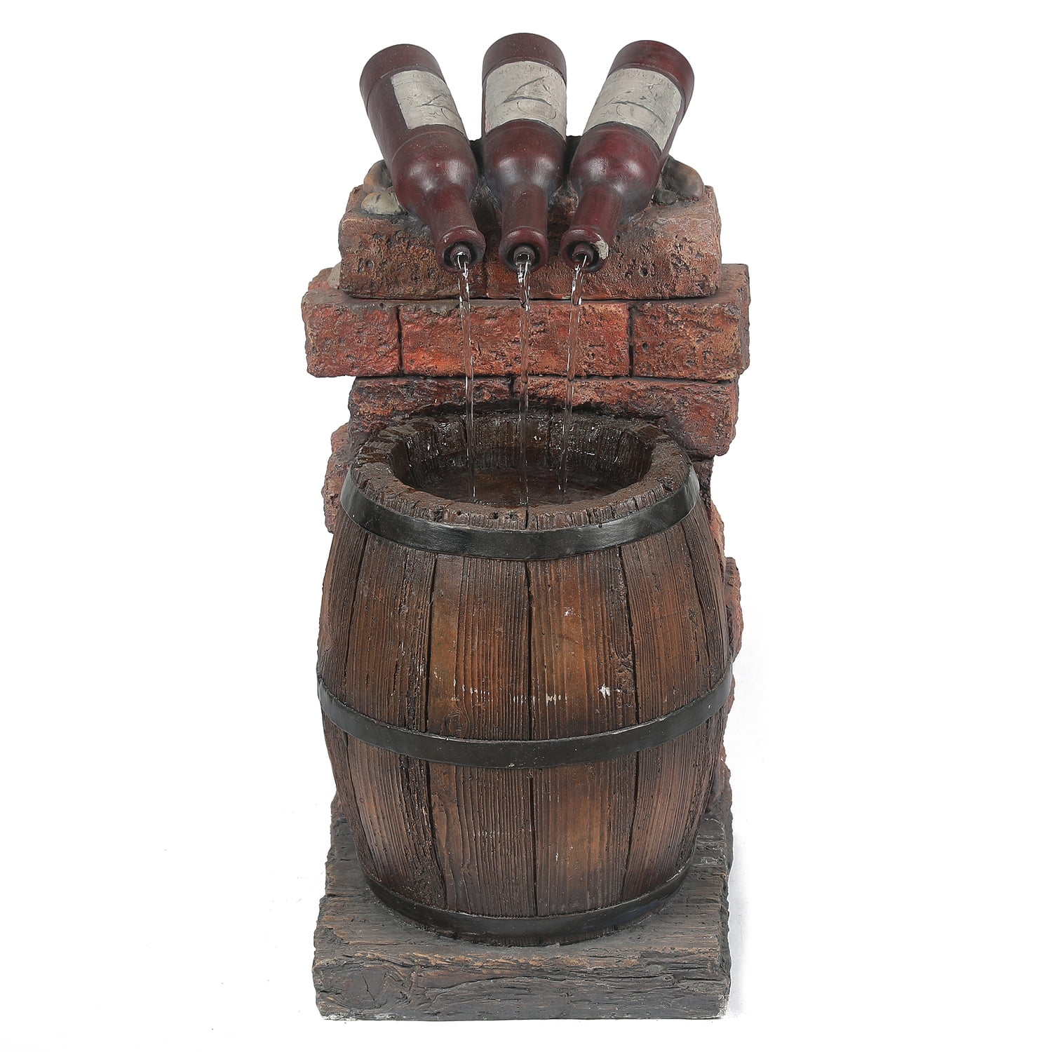 LuxenHome Resin Wine Bottle and Barrel Lighted Outdoor Fountain
