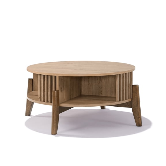 LuxenHome Round Coffee Table with Storage 31.5" Oak Finish Wood Center Accent Tables with Wood Legs
