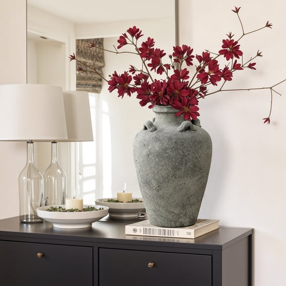 LuxenHome Rustic Antiqued Gray 15-Inch Tall Round Terracotta Urn Vase