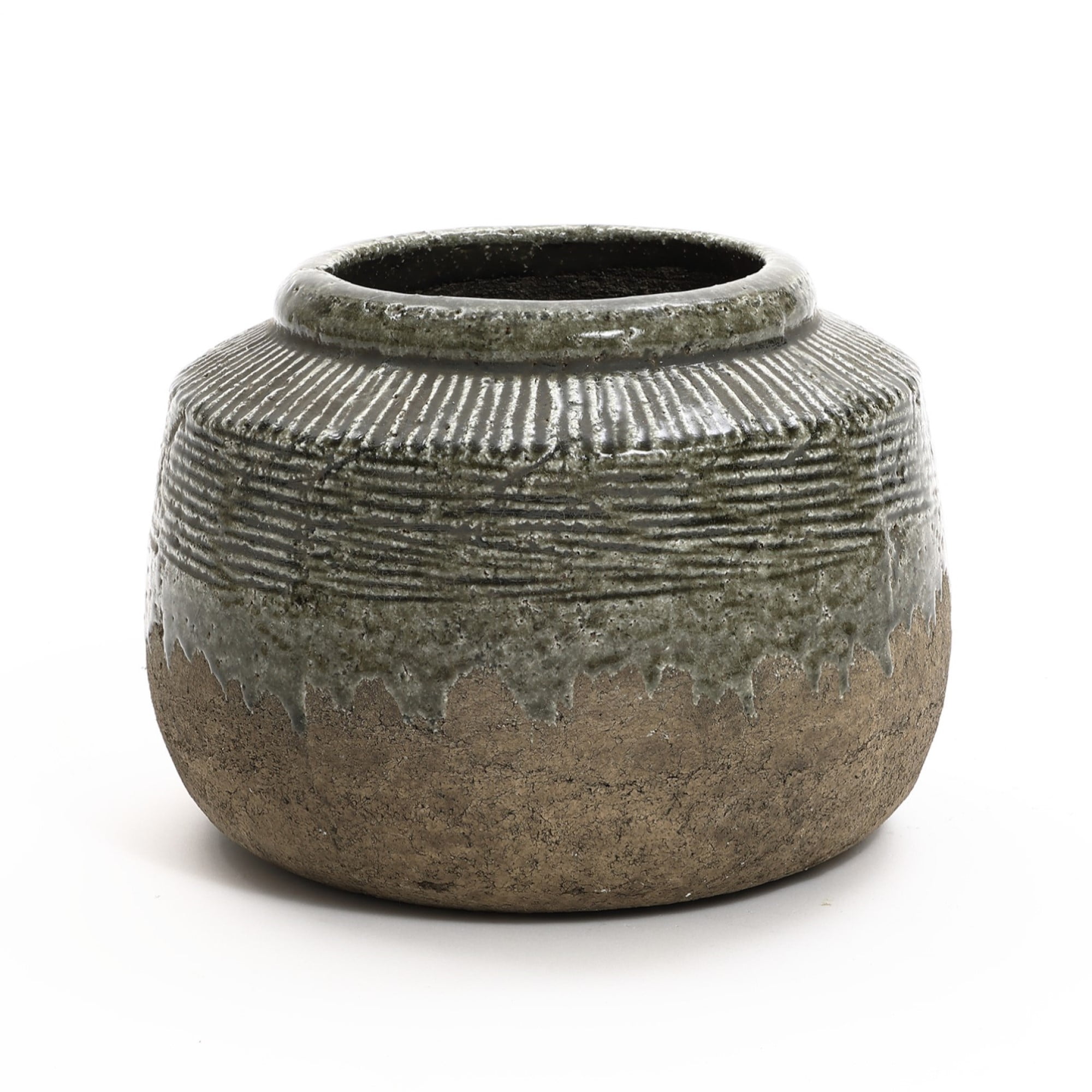 Rustic Brown and Gray Ceramic Round Vase, 8.1-Inch Tall