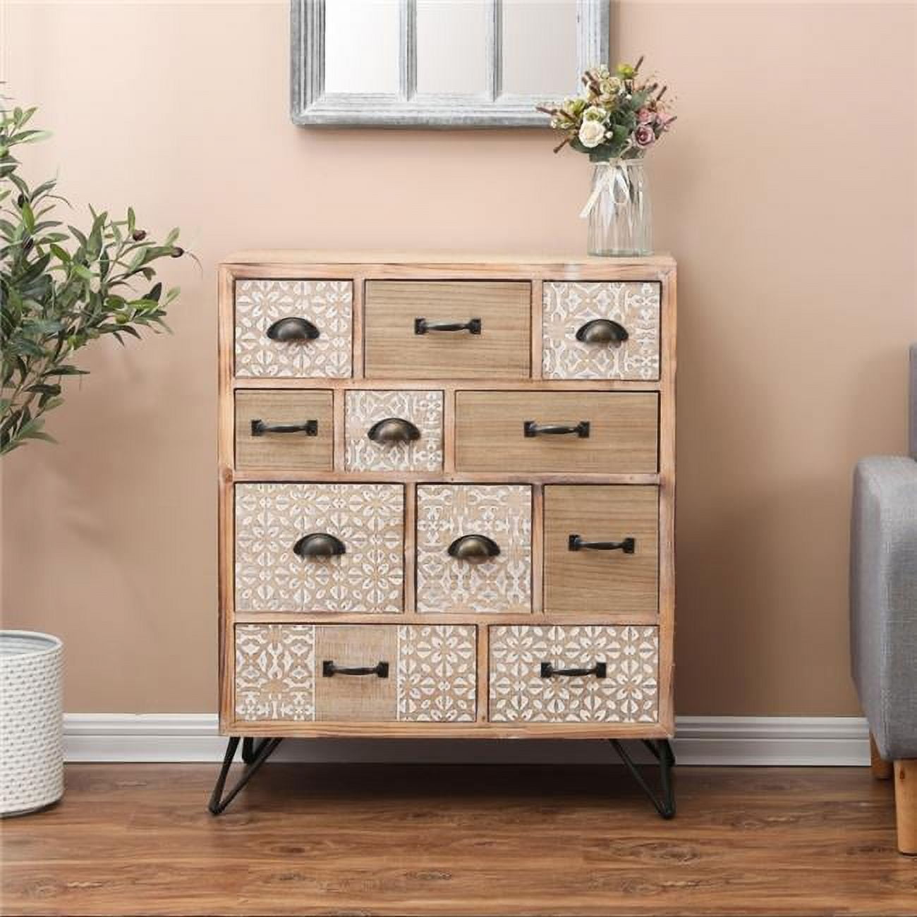 White Fir and Iron Mid-Century Bohemian Accent Cabinet