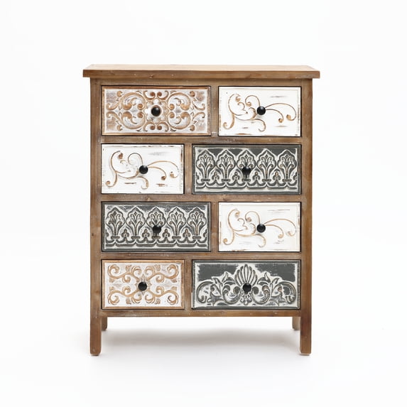 LuxenHome 8-Drawer 32" H x 25.8" W Rustic Carved Wood Accent Chest