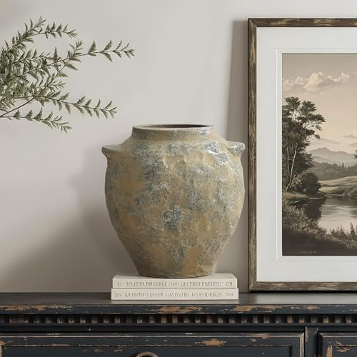 LuxenHome Rustic Ceramic Vase, 11" Tall Old-World Brown with Gray Round Terracotta Vases with Handles, Vintage Pottery Decorative Vase for Shelf Dining Table, Farmhouse Flower Vase for Home Decor