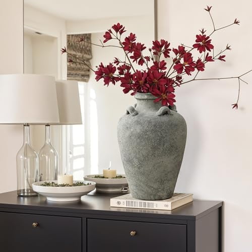 LuxenHome Rustic Ceramic Vase, 15" Tall Antiqued Gray Round Terracotta Urn Vases, Farmhouse Pottery Decorative Vases for Entry Way Table Home Decor, Large Floor Flower Vase for Living Room Decor