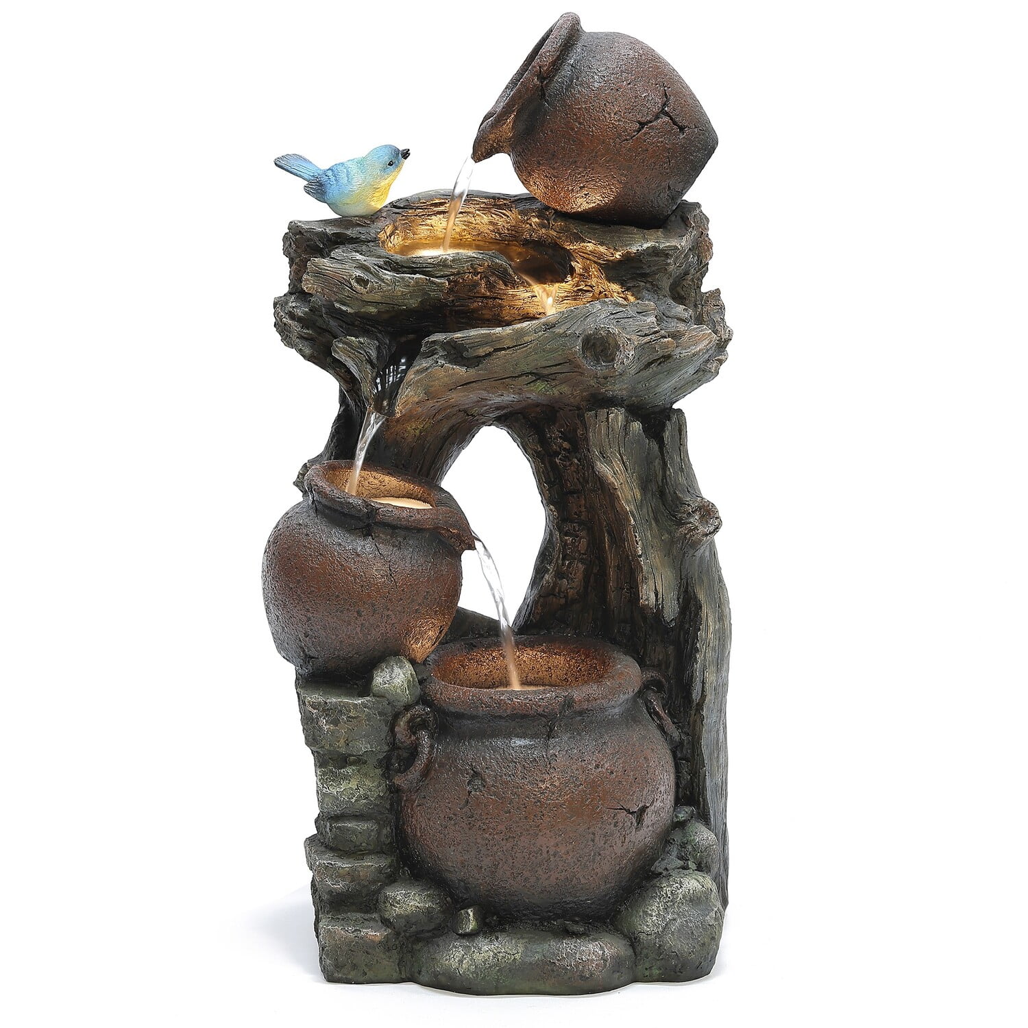 LuxenHome Rustic Pots and Pitchers on Tree Resin Outdoor Fountain with Lights