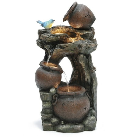 LuxenHome Rustic Pots and Pitchers on Tree Resin Outdoor Fountain with Lights