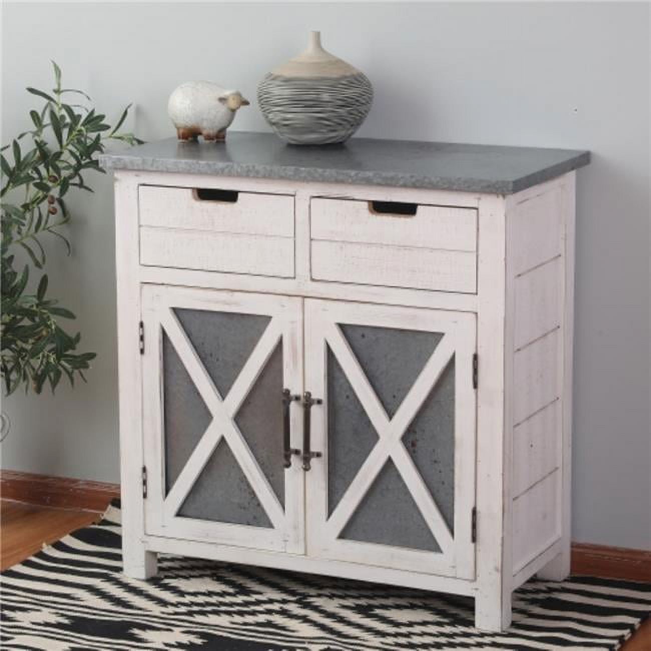 LuxenHome Rustic White Wood and Metal 2-Drawer 2-Door Storage Cabinet