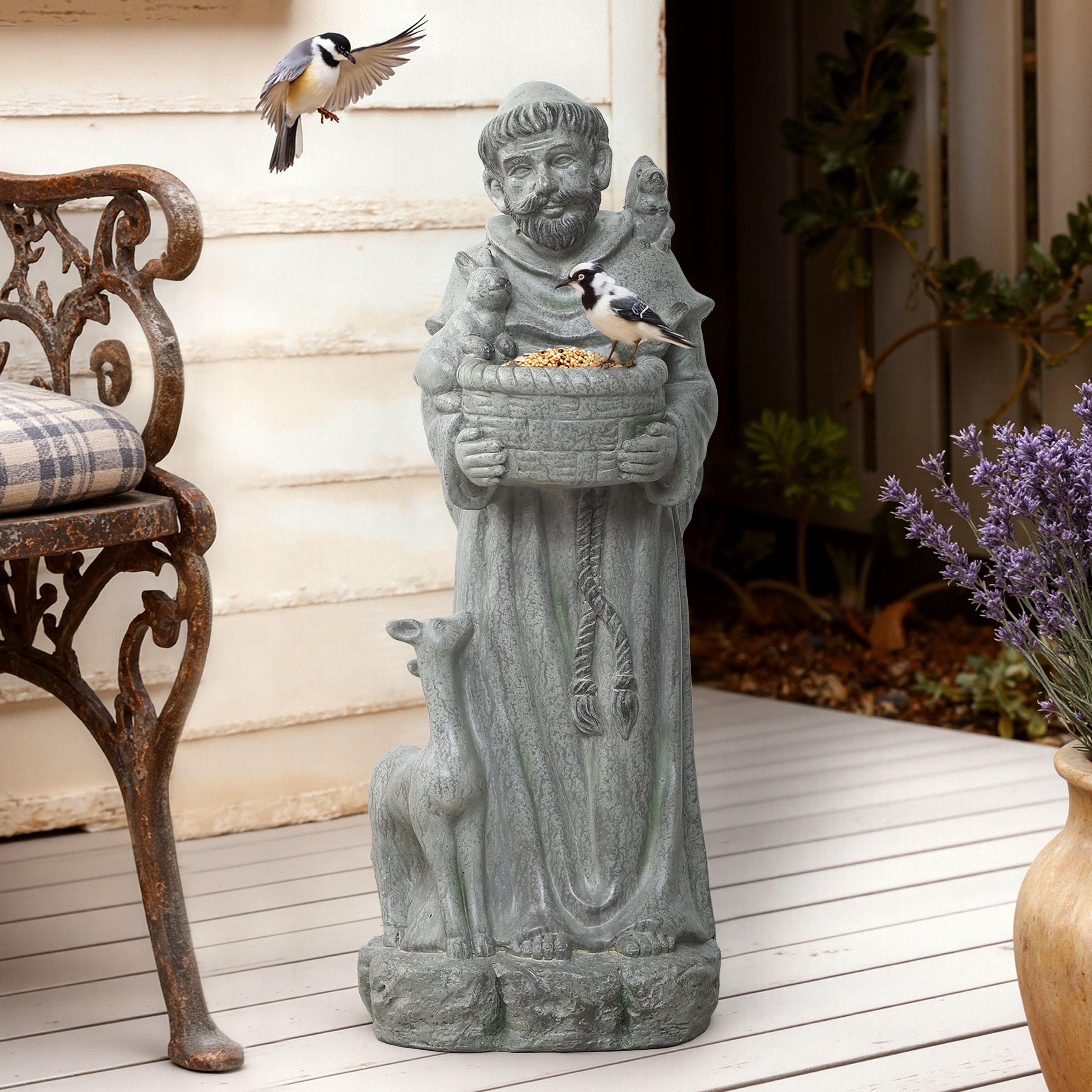 LuxenHome Saint Francis Garden Statue with Birdfeeder Bowl, Outdoor Sculpture with Animal Companions