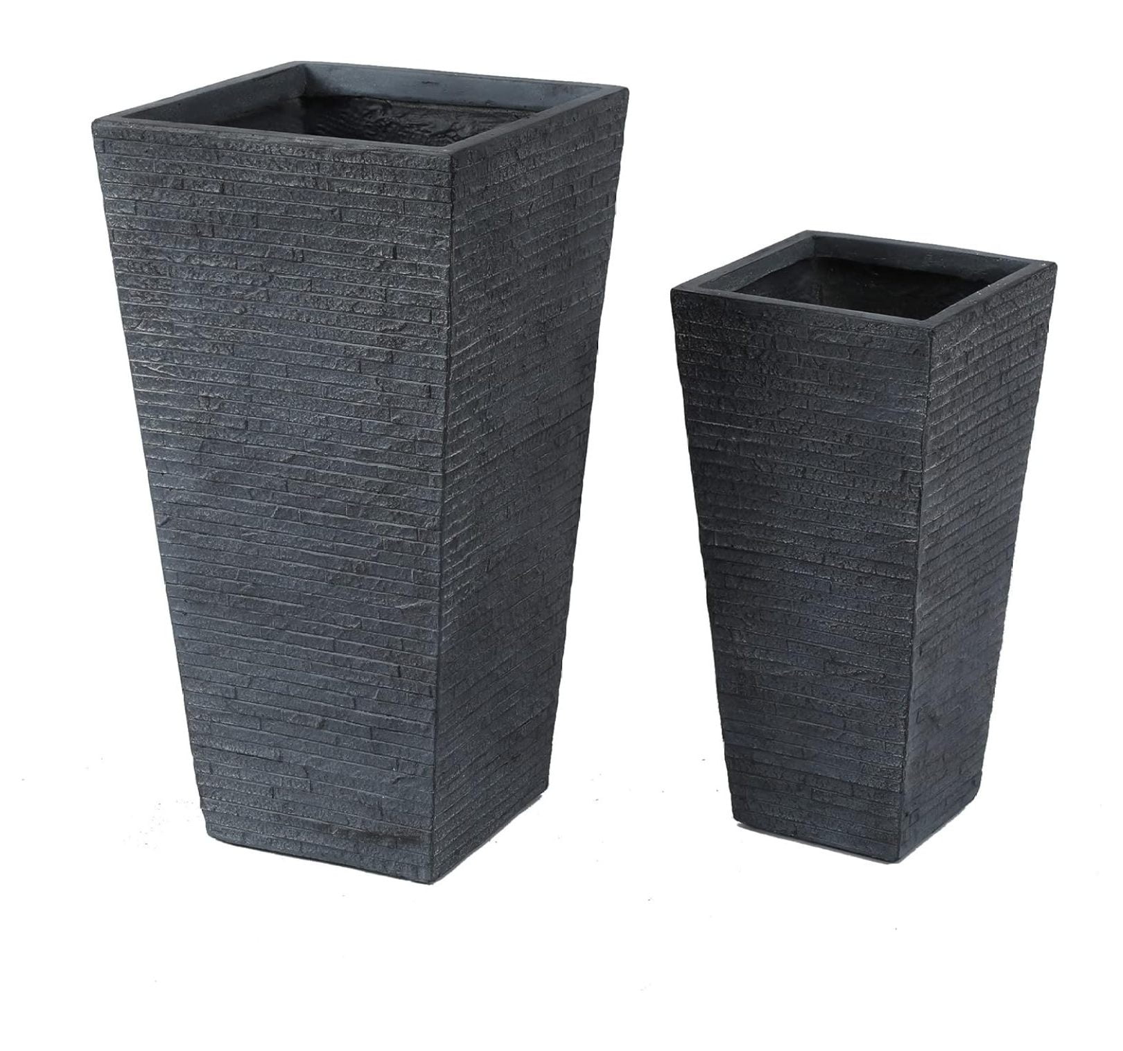 LuxenHome Set of 2 Stone Finish Tall Tapered Square MgO Planter, Large Flower Pots for Front Porch, Indoor Outdoor Use in Patio Living Room Garden Courtyard, 24 inch and 19 inch, Stone Gray