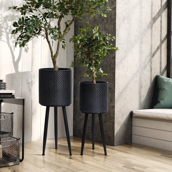 LuxenHome Set of 2 Black Dimpled Metal Cachepot Planters with Black Metal Legs