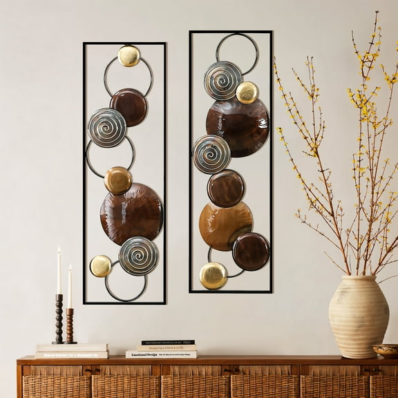 LuxenHome Set of 2 Brown and Gold Metal Wall Decor Rectangular Panels