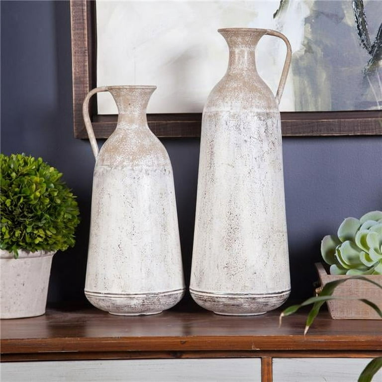 LuxenHome Distressed Off White and Rustic Brown Metal Pitcher Vase (Set of 2), Size: Large (Over 15)